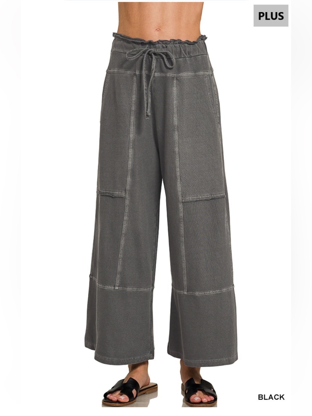 1X to 3X 384 ❤️Zenana black PLUS FRENCH TERRY WASHED EXPOSED-SEAM WIDE LEG
PANTS